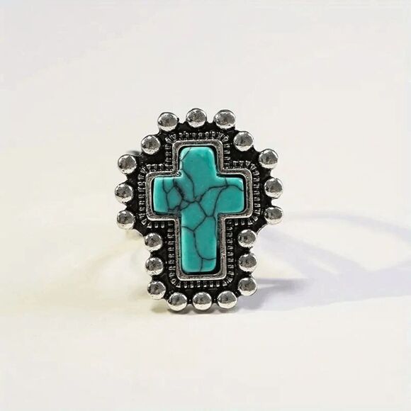 Western Turquoise Cross Adjustable Ring - Picture 1 of 5
